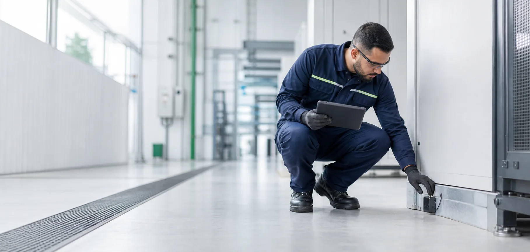 Especialista técnico realizando inspeção preventiva em instalação comercial